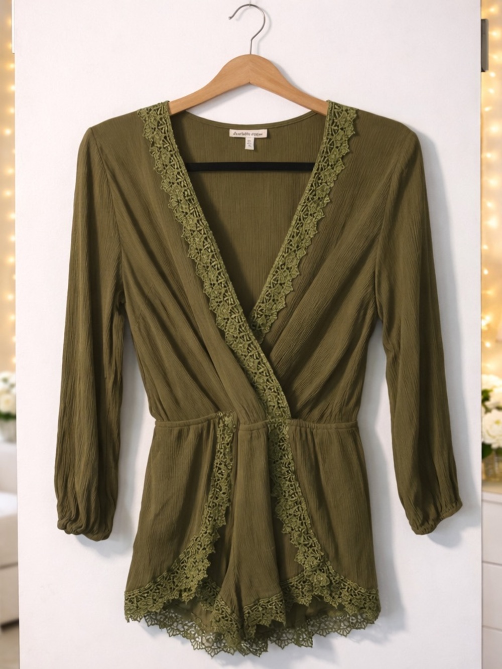 ✨ Charlotte Russe Earthy Green Lace Romper Boho Festival Playsuit Size XS